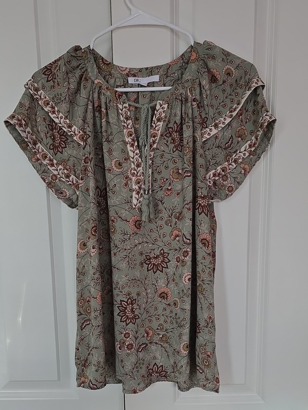 DR2 Sage Floral Tassel Tie Peasant Top